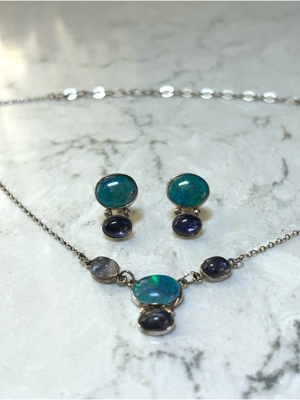 GFMW 925 Sterling Silver Opal & Deep Purple Stone Necklace and Earrings Set